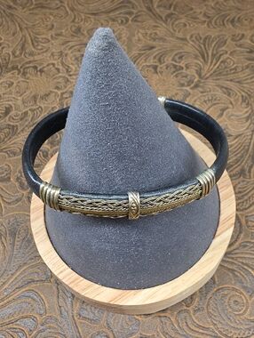 Vintage Western Leather Black Gold Braided Metal Adjustable Cuff Bracelet